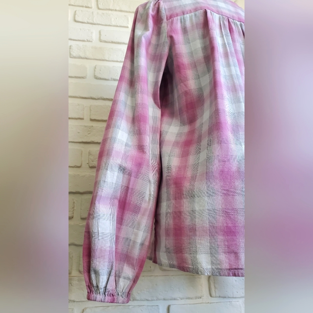 NWT LOFT Pink Plaid Smocked Yoke Button Front Blouse - Size XS - Picture 8 of 14
